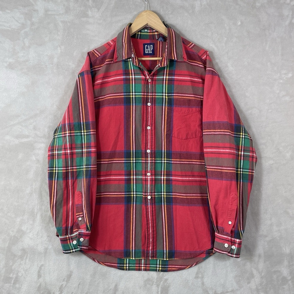 Vtg 90s Gap Mens XL Faded Heavyweight Flannel Collared Button Down Shirt Plaid